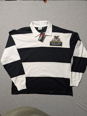 Miller Genuine Draft Black and White Striped Long Sleeve Rugby Polo Shirt Large
